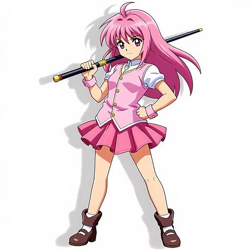Anime-style digital drawing of a pink-haired girl with red eyes, wearing a pink vest, white shirt, and skirt, holding a sword over her shoulder