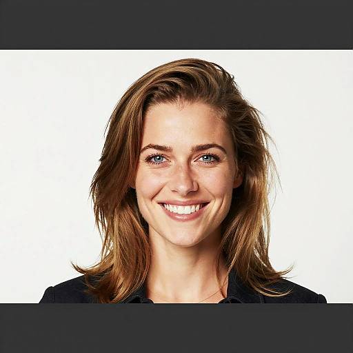 Photograph of a smiling white woman with blue eyes, brown shoulder-length hair, and fair skin, wearing a black top, against a white background.
