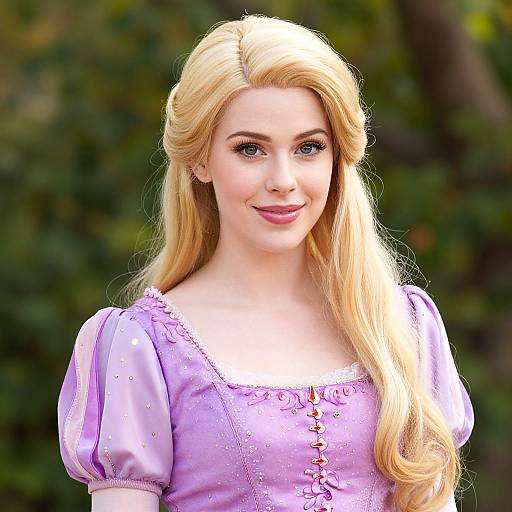 Photograph of a blonde woman with long, wavy hair, wearing a lavender, puffed-sleeve dress with decorative buttons, smiling against a