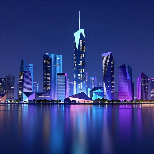 Digital artwork of a neon-lit city skyline at night, featuring futuristic skyscrapers in blue, purple, and white hues, reflecting on a calm