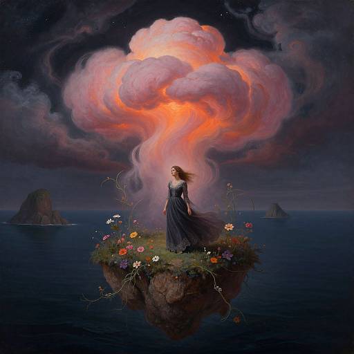 Fantastical digital painting of a woman in a flowing blue dress standing on a floating island with flowers, surrounded by a vibrant, ethereal cloud and