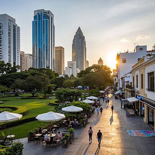 Photograph of a sunny urban park at sunset, featuring tall skyscrapers, outdoor cafes with white umbrellas, people walking, and a bright golden