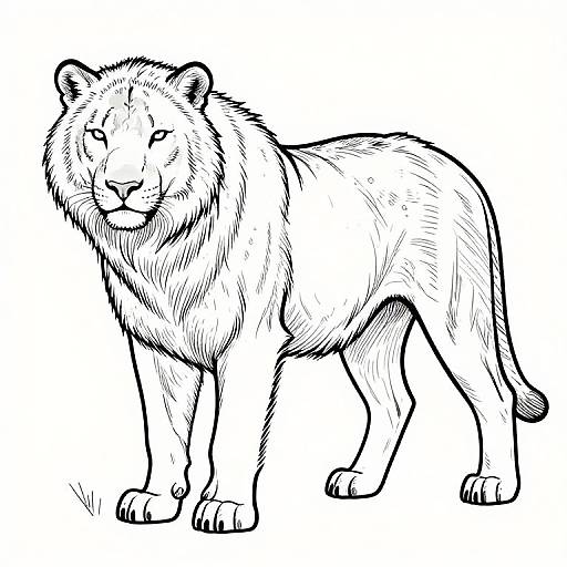 Black and white line drawing of a standing male lion with a thick mane, detailed fur texture, and a focused expression.