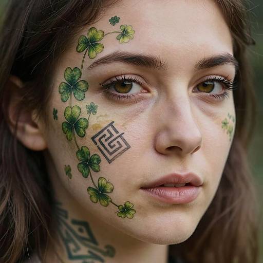 Photograph of a young woman with light skin, brown eyes, and dark brown hair, featuring green clover tattoos and a Greek key pattern on her