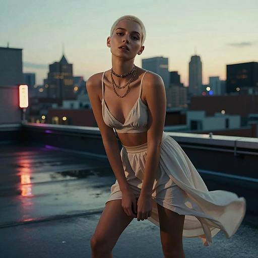 Platinum Buzz-Cut Rooftop Fashion Portrait