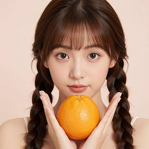 Photograph of a young Asian woman with dark brown braids, fair skin, and large brown eyes, holding a bright orange in front of her chest