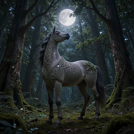 A detailed, full-body, dark gray horse with intricate Celtic patterns stands under a glowing full moon in a mystical, moonlit forest. Digital art.