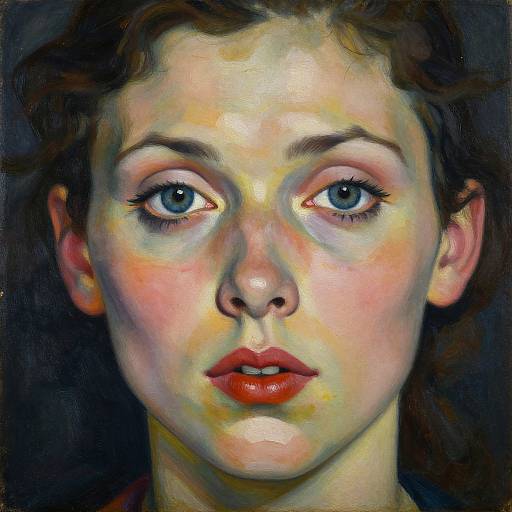 Digital portrait of a young woman with large blue eyes, red lips, and fair skin, highlighted with warm yellow and pink tones against a dark background.