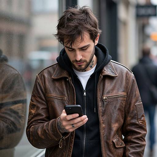 Photograph of a bearded man with dark hair, wearing a brown leather jacket and black hoodie, intently looking at a smartphone in an urban street