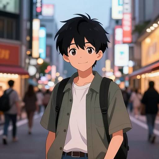 Digital anime-style illustration of a young boy with black hair, wearing a green shirt over a white tee, backpack, standing in a bustling city street with