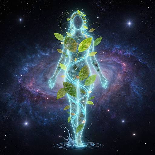 Digital artwork of a glowing, ethereal figure with leaf-covered body, standing in water against a starry, colorful galaxy background.
