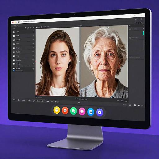 Photograph of a computer monitor displaying a photo editing software interface with two portrait photos: a young woman with long brown hair and an elderly woman with white