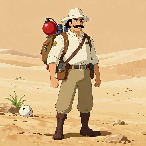 Cartoon-style illustration of a mustachioed adventurer in white shirt, beige pants, brown boots, and white hat, carrying a backpack with a