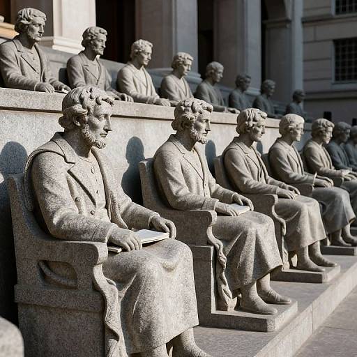 Photograph of a row of stone statues of men in suits and long coats, seated in a semi-circular arrangement, with classical building architecture in the