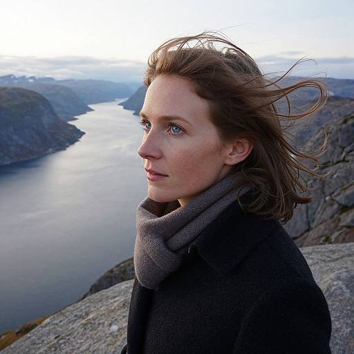 Photograph of a fair-skinned woman with blue eyes, brown hair blowing in the wind, wearing a dark coat and gray scarf, standing on a