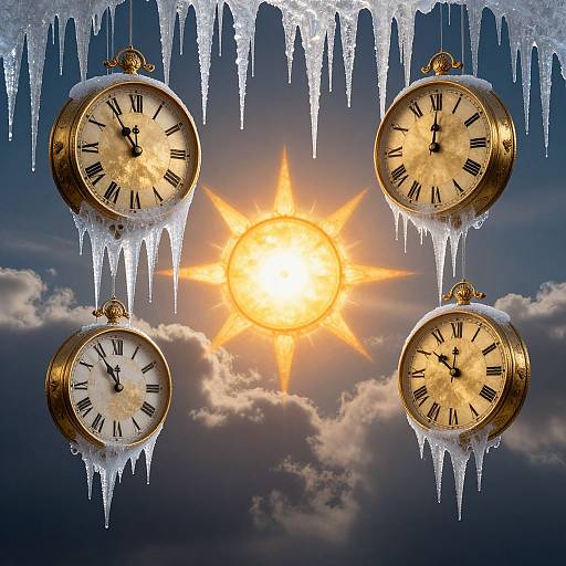 Photograph of four gold pocket watches with black Roman numerals, hanging by icicles, against a bright, sunlit, cloudy sky.
