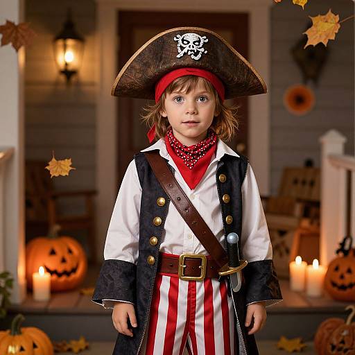 Photograph of a young boy dressed as a pirate with a black tricorn hat, white shirt, red bandana, and striped pants, standing in