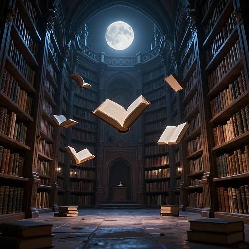 Photograph of a dimly lit, Gothic library with floating illuminated books, under a glowing full moon through an arched dome ceiling.
