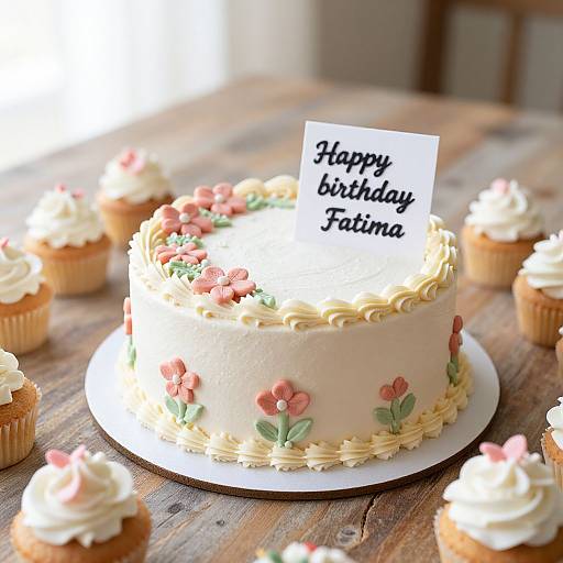 Photograph of a white birthday cake with pink flower decorations, 