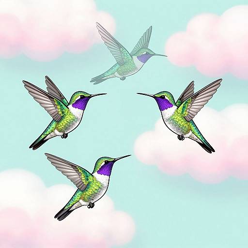 Digital illustration of four vibrant hummingbirds with green, purple, and white feathers, flying in a circular formation against a light blue and white background.