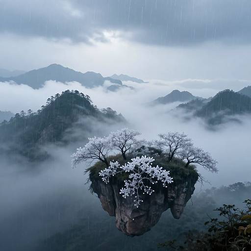 Photograph of a floating rock with blooming white flowers amidst misty, rain-soaked mountains; ethereal, surreal landscape with overcast sky.