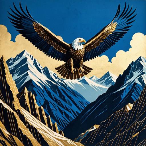 Art Deco Eagle Sculpture Over Mountains