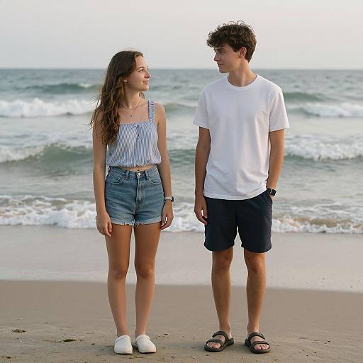 Photograph of a young couple standing on a beach, ocean waves in background. She wears a blue-striped crop top, denim shorts, white shoes;