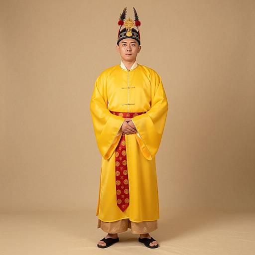 Photograph of an East Asian man in traditional Korean yellow hanbok with red accents, black shoes, and ornate black hat, standing against a