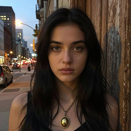 Photograph of a young woman with long black hair, dark eyes, wearing a black top and a pendant necklace, standing in a dimly lit urban