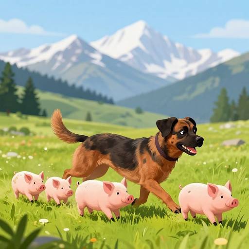 Beauceron Dog Chasing Piglets Cartoon