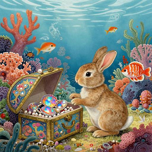 Digital illustration of a brown bunny with large ears, sitting by an ornate, colorful treasure chest filled with glowing eggs, amidst vibrant coral, fish,