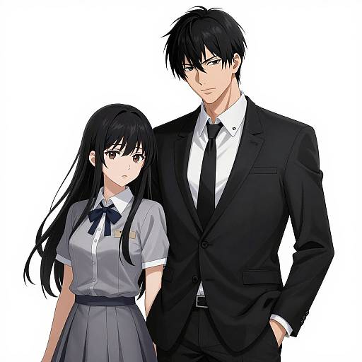 Anime-style digital drawing of a tall, black-haired man in a black suit and tie, standing beside a shorter, black-haired woman in a school uniform