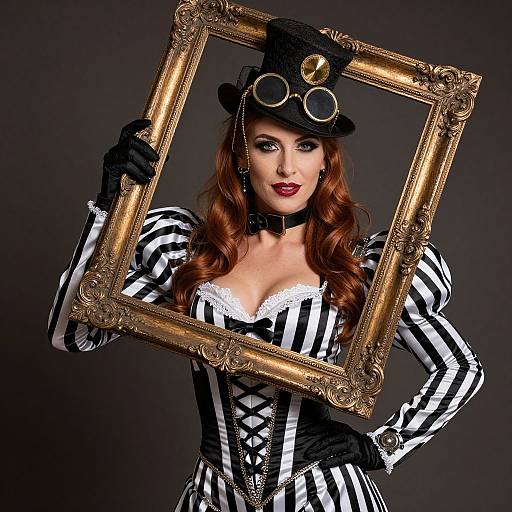 Photograph of a fair-skinned woman with red hair, wearing a black-and-white striped corset, gloves, top hat, and goggles, holding