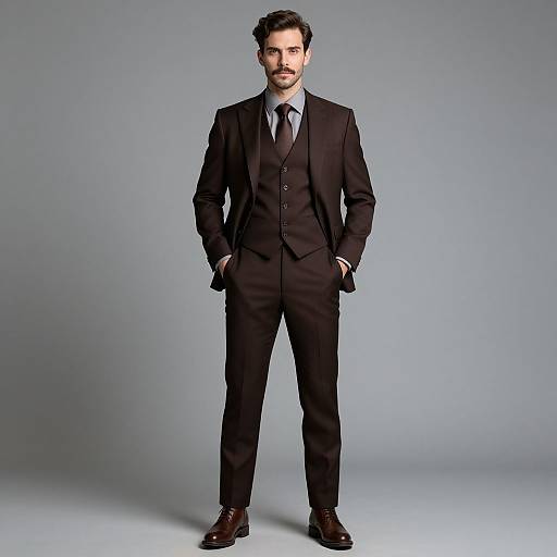 Photograph of a handsome man with dark hair and beard, standing confidently in a dark brown three-piece suit, gray tie, and brown shoes, against