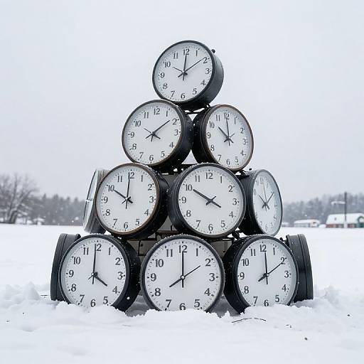 Photograph of a pyramid stack of twelve black clock faces on white snow, each showing different times, in a snowy outdoor setting.