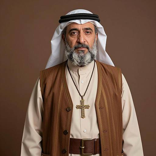 Middle Eastern Man in Traditional Clothing with Cross Necklace