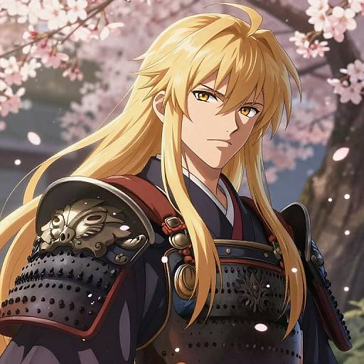 Digital anime-style illustration of a blonde-haired, golden-eyed male warrior in detailed black armor, standing amidst blooming cherry blossoms.