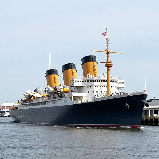 Photograph of a large, black and white steamship with two tall, yellow smokestacks docked in a calm harbor under a clear blue sky