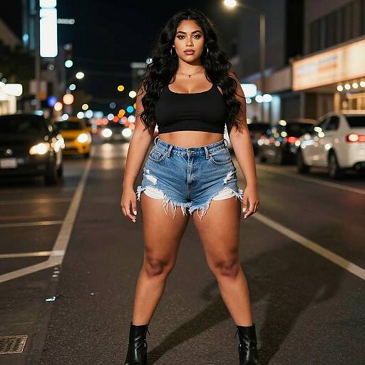Photograph of a confident, curvy woman with long black hair, wearing a black crop top and frayed denim shorts, standing on a nighttime city