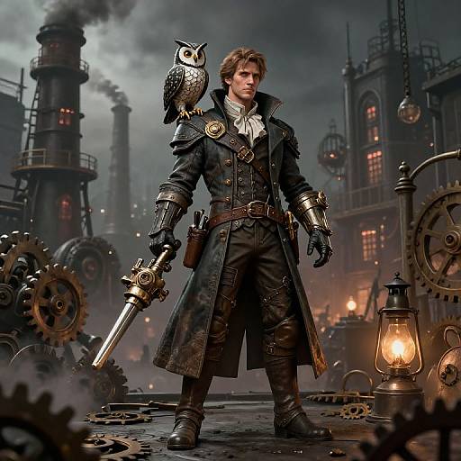 Steampunk Rogue Engineer with Mechanical Owl