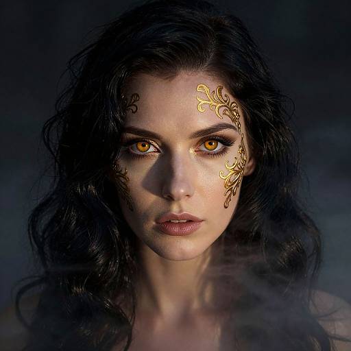 Photorealistic portrait of a mysterious woman with long black hair, golden ornate facial markings, intense amber eyes, and a dark, smoky background