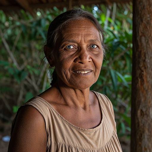 Photograph of a smiling, elderly Asian woman with deep wrinkles, dark skin, and blue eyes, wearing a beige sleeveless top, standing outdoors in