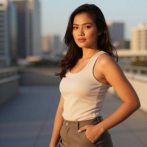 Photograph of a young woman with long black hair, tan skin, and brown eyes, wearing a white tank top and brown pants, standing on a