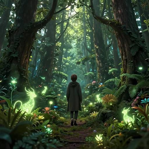 Digital painting of a person in a dark coat standing in a mystical forest, surrounded by glowing, ethereal fireflies and vibrant foliage.