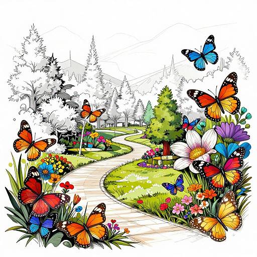 Vibrant digital illustration of a winding path through a colorful garden, surrounded by orange, blue, and black butterflies, and lush flowers.