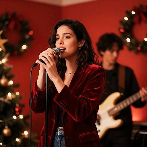 Festive Singer in Red Velvet Jacket