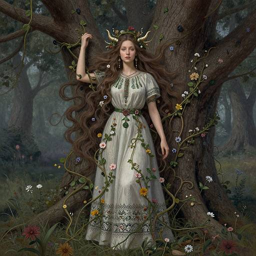 Digital fantasy artwork: Fair-skinned woman with long brown hair, floral crown, white embroidered dress, standing against a large tree in a lush, enchanted