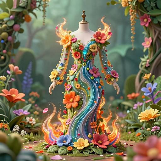 Digital art of a flower-covered mannequin with vibrant, flame-like blue and orange streaks, standing in a lush, colorful garden.