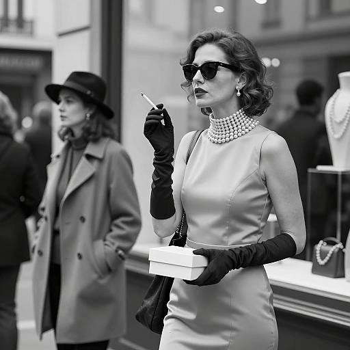 Elegant woman in pearls smoking by store window