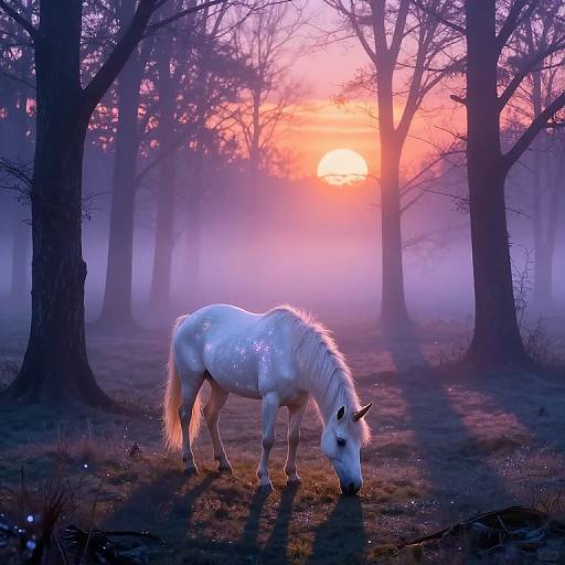 Photograph of a white unicorn with a shimmering coat, grazing in a misty forest at sunrise, illuminated by pink and orange light.